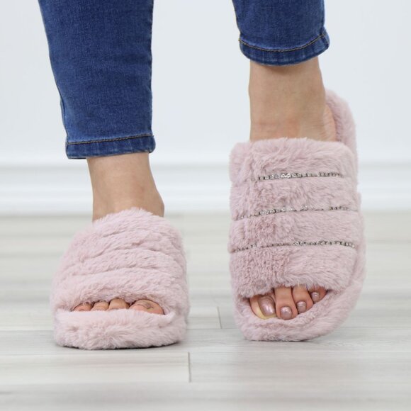 Pink Puff Fuzzy Furry Fluffy Slip On Plush Slippers Diamond Accents - Picture 13 of 16